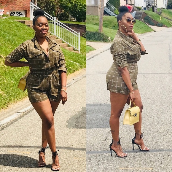 LE LIS OLIVE LONG SLEEVED CHECKERED SHORTS ROMPER - Picture 2 of 8